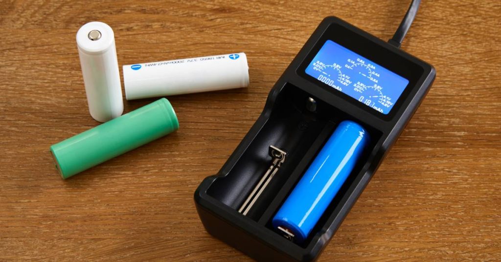 A black charger with a battery plugged into it and three other batteries next to it is sitting on a wooden table.