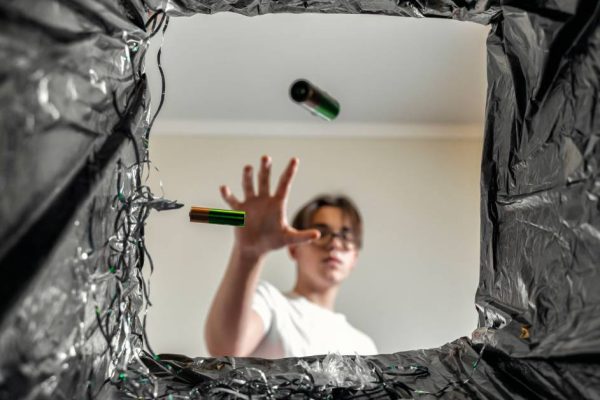 A man wearing a white shirt and glasses throws two green batteries into a trash can with a black liner.