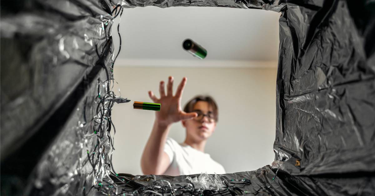 A man wearing a white shirt and glasses throws two green batteries into a trash can with a black liner.