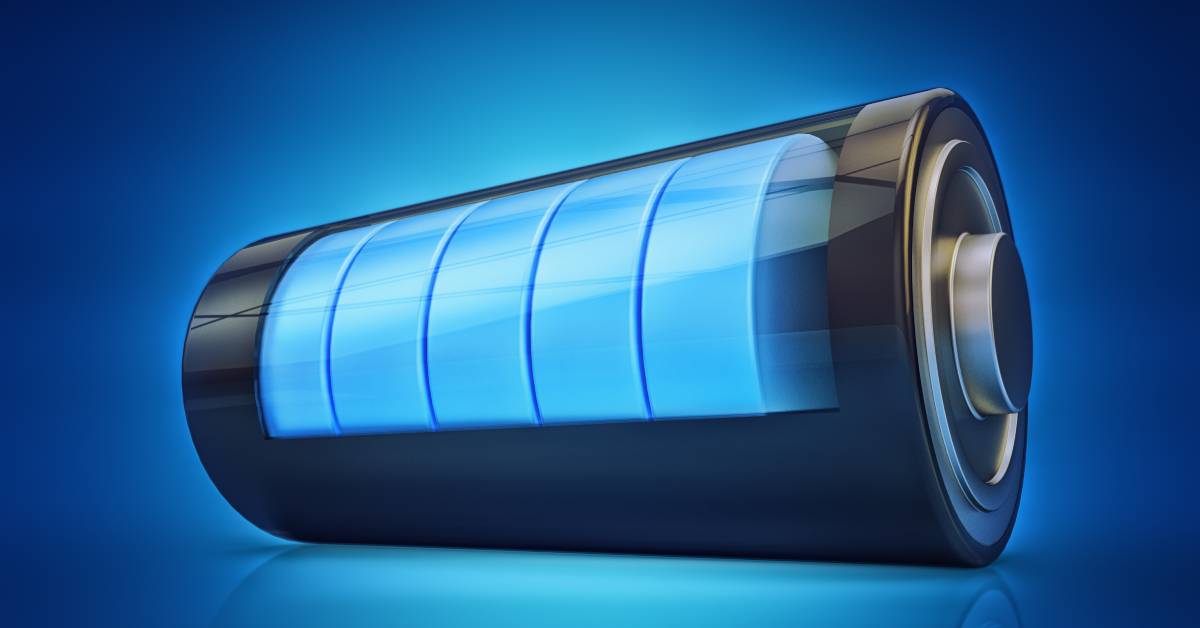 A design concept for a battery cell with individual blue-colored bars on the side indicating its capacity.